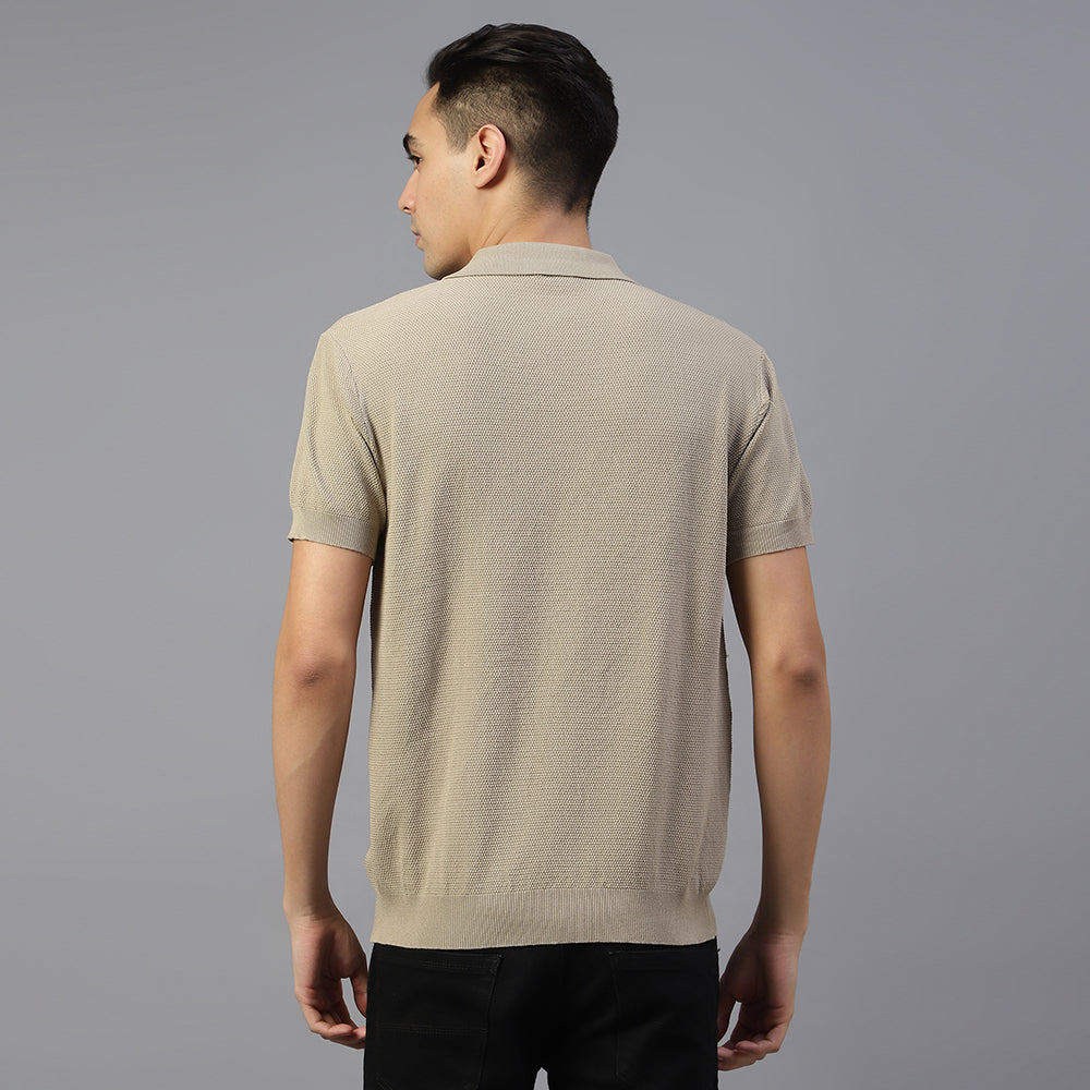 BEIGE KNITTED POLO T-SHIRT FOR SMART-CASUAL & SPORTS