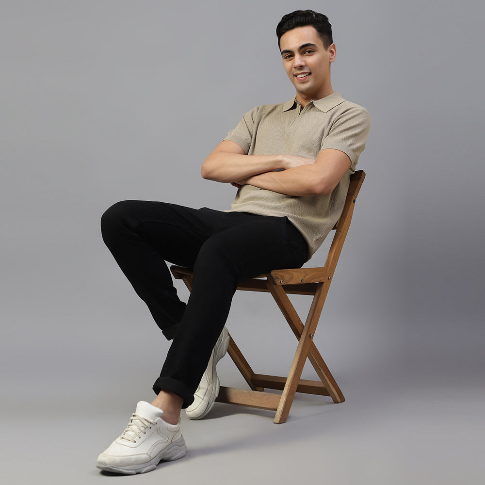 BEIGE KNITTED POLO T-SHIRT FOR SMART-CASUAL & SPORTS