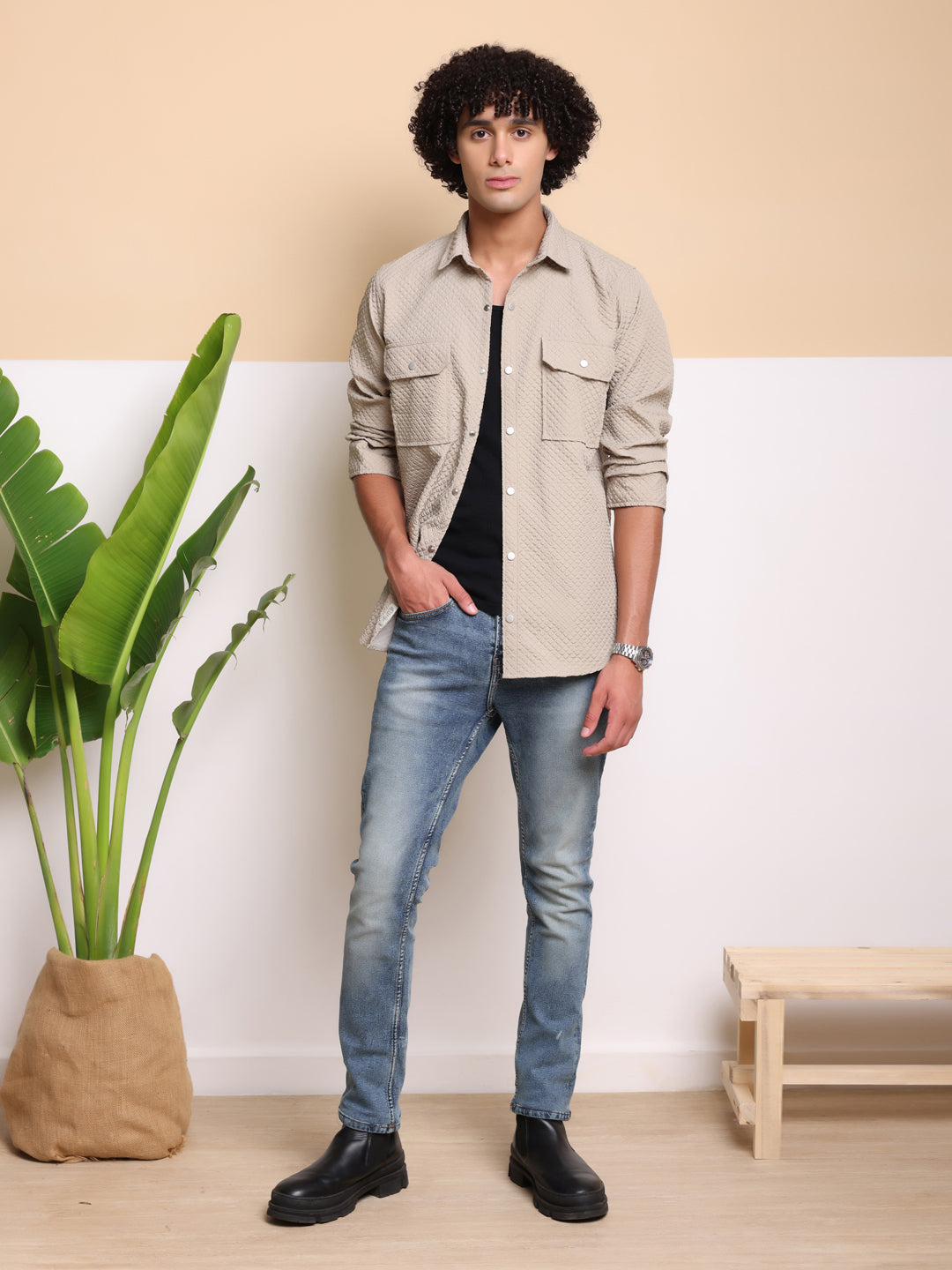 Men's Casual Imported Fabric Double Pocket Crush Shirts - Beige