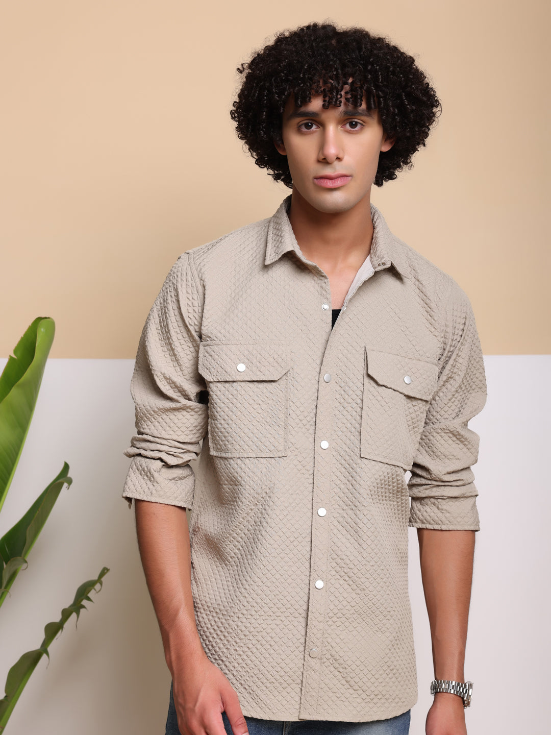 Men's Casual Imported Fabric Double Pocket Crush Shirts - Beige