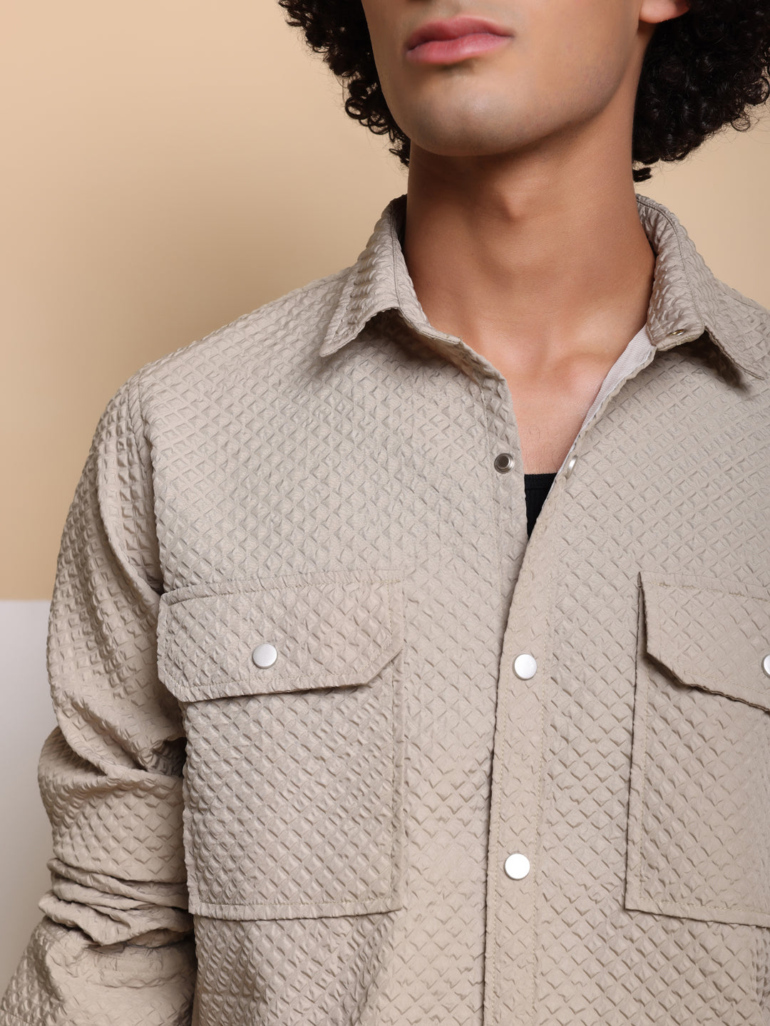 Men's Casual Imported Fabric Double Pocket Crush Shirts - Beige