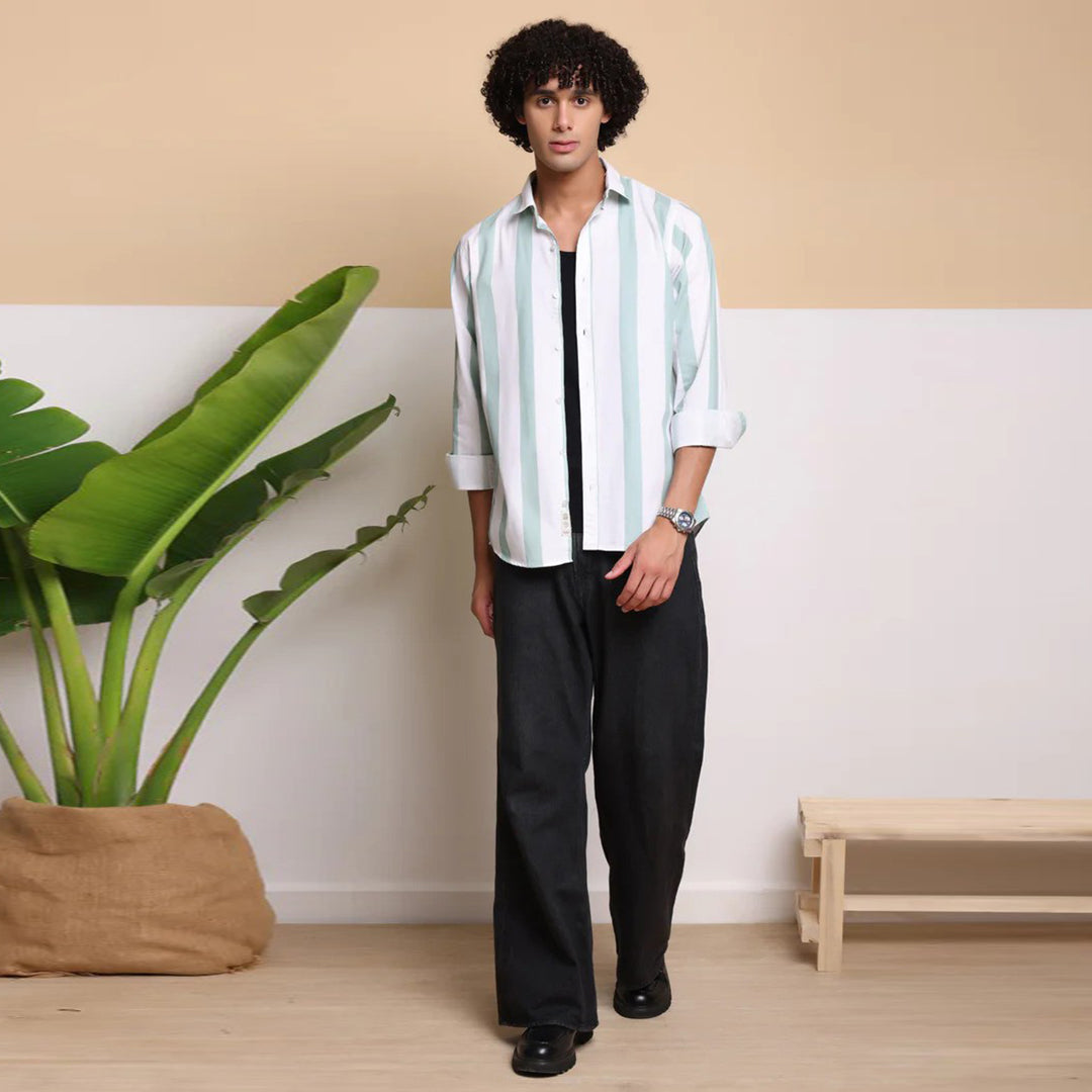 STRIPE CASUAL COTTON SHIRT(POWDER GREEN)