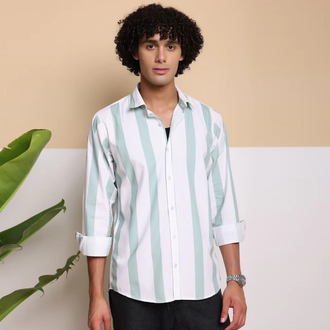 STRIPE CASUAL COTTON SHIRT(POWDER GREEN)