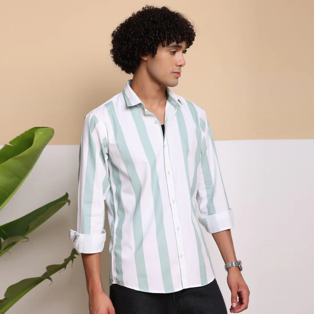 STRIPE CASUAL COTTON SHIRT(POWDER GREEN)
