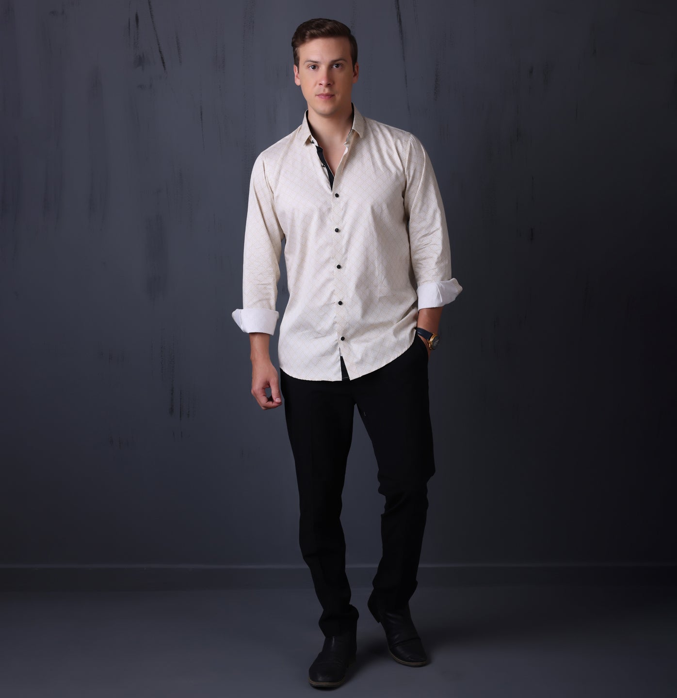 Geometrical Print Casual Shirt Beige Color