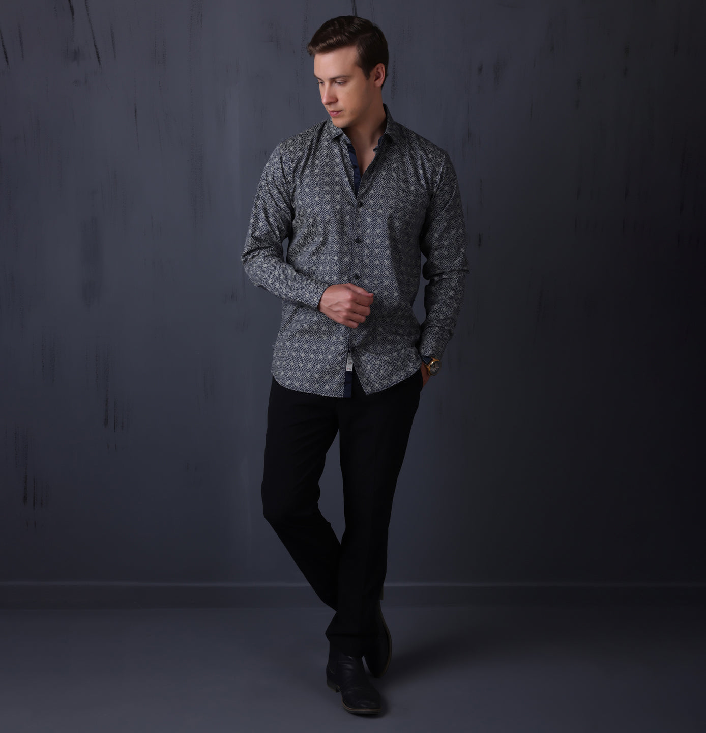 PRINTED SHIRTS | FORMAL & CASUAL SHIRTS FOR MEN | FILO HEVIS GEOMETRIC PRINTS SHIRT COLLECTION-Navy