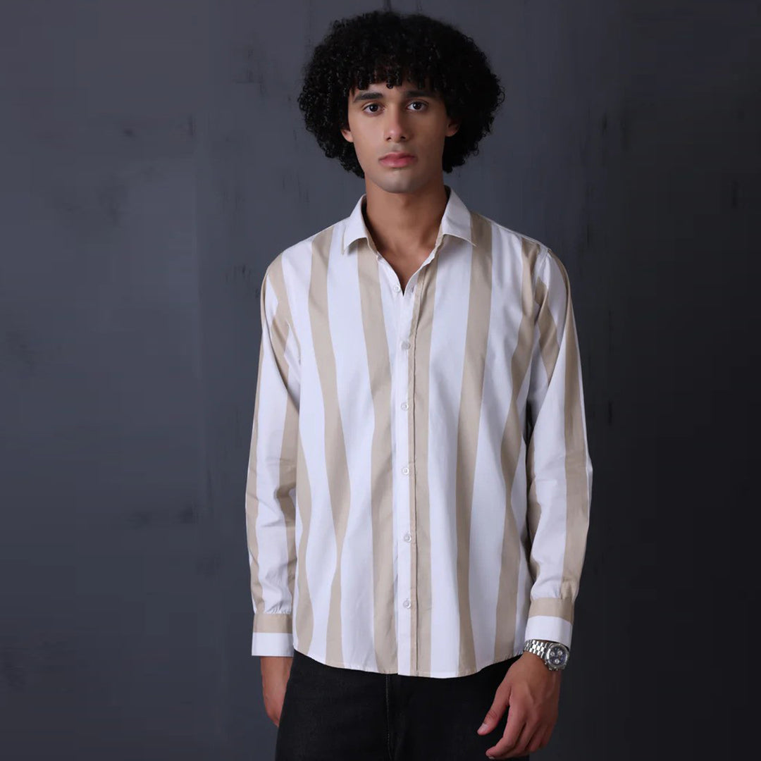 STRIPE CASUAL COTTON SHIRT (WHITE KHAKI)