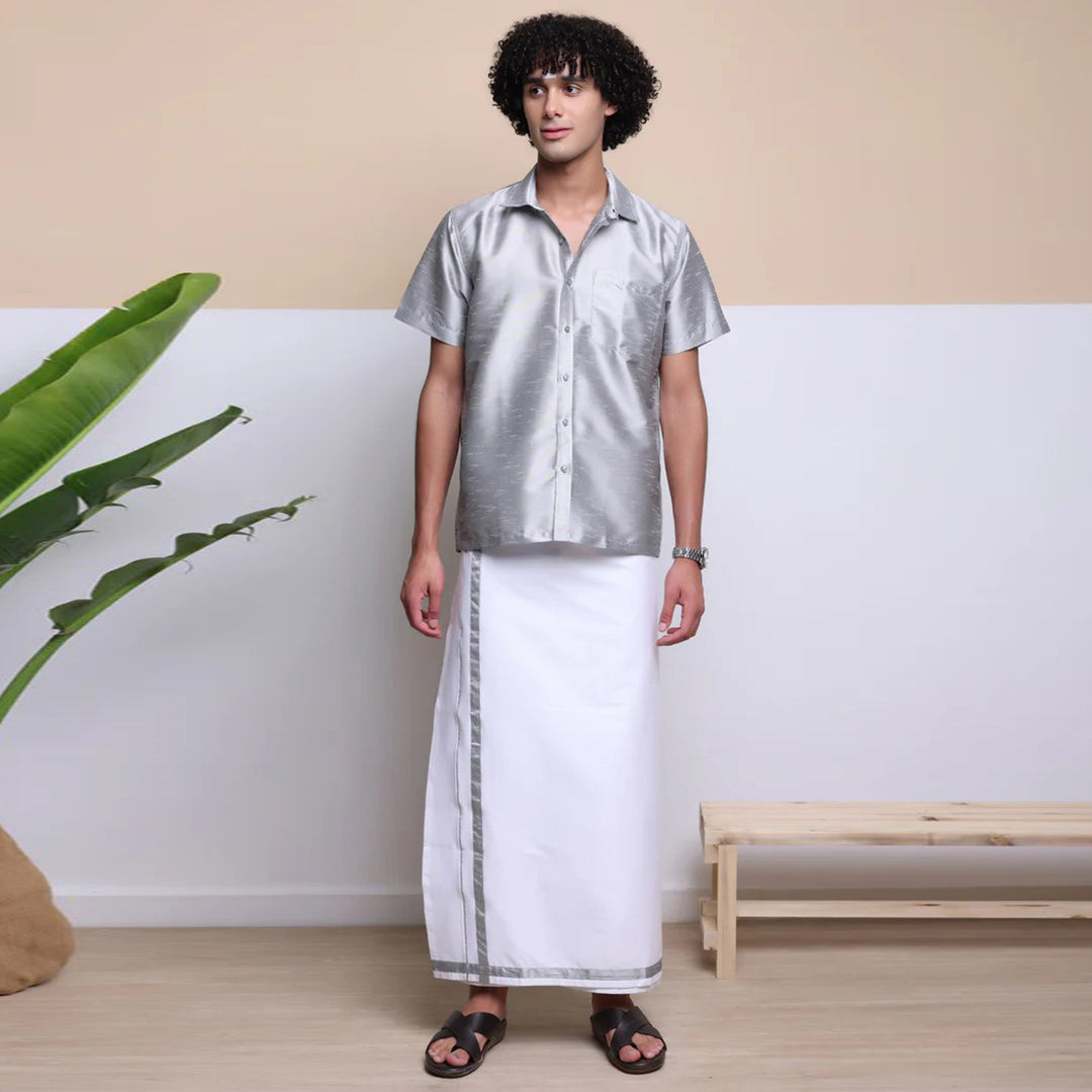 Premium Ethnic Shirts for Men | Traditional South Indian Lungi Shirts (Silver)