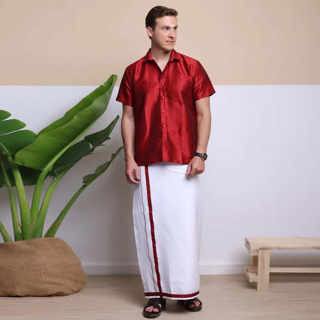 Premium Ethnic Shirts for Men | Traditional South Indian Lungi Shirts (RED)