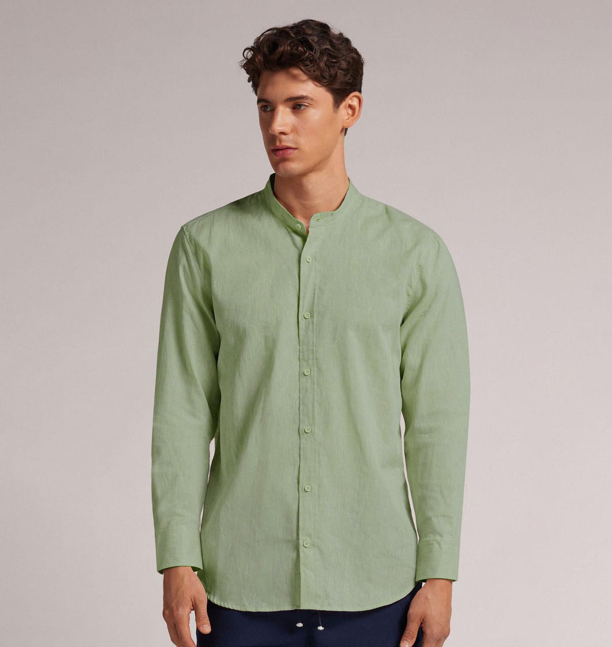 MEN’S CHINESE COLLAR SHIRT | FULL SLEEVE COTTON LINEN T-NECK SHIRT | LIGHT GREEN COLOR