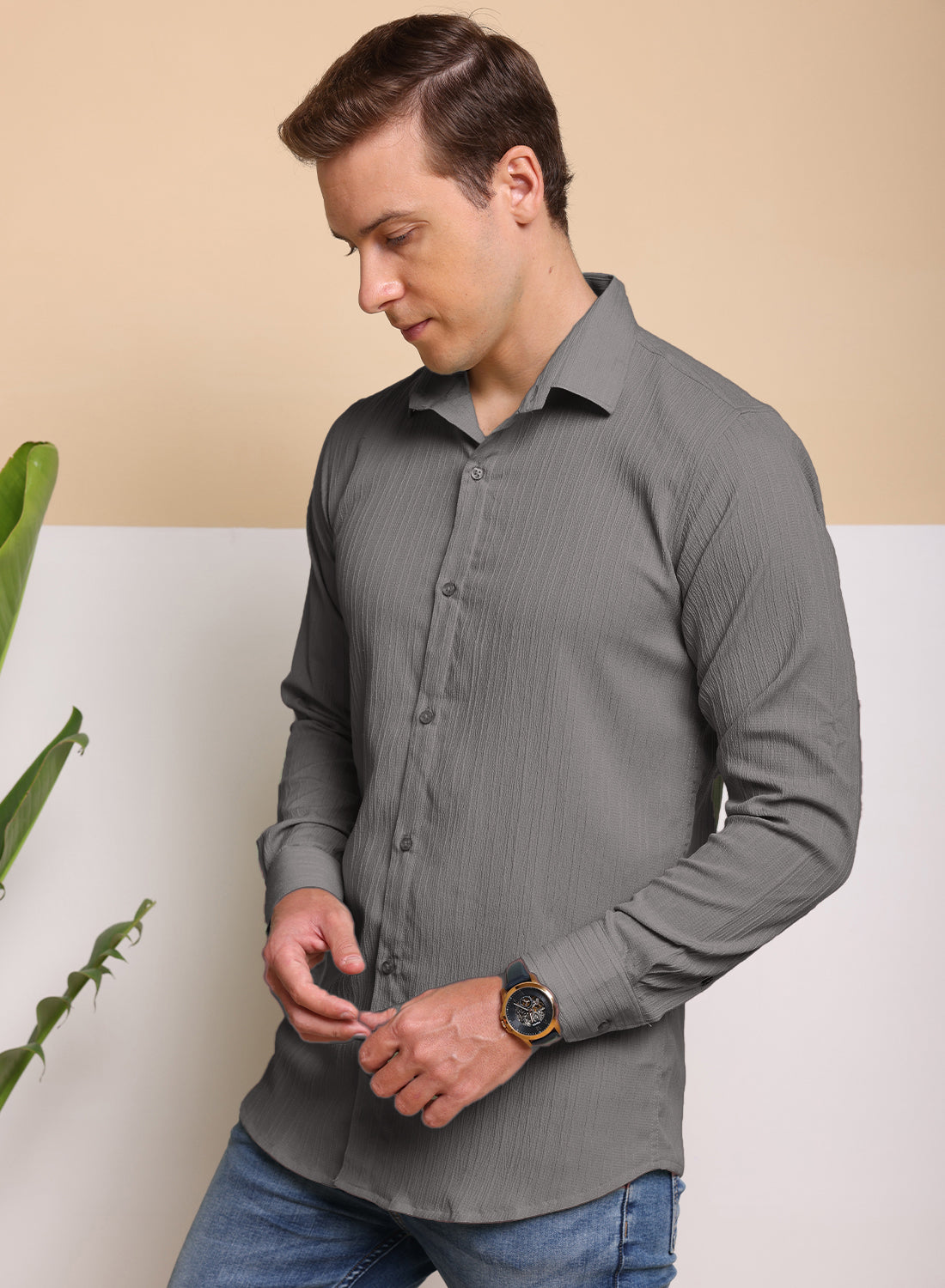 Crushed Self Stripe Grey Shirt