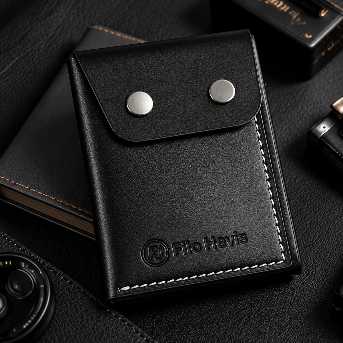Leather Snap Button Wallet for Men – Compact Card Holder with Cash Pocket- Black