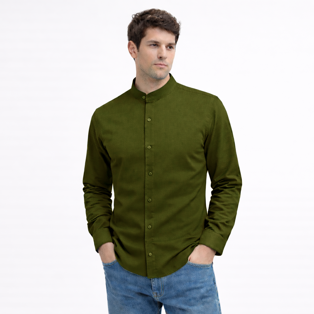MEN’S CHINESE COLLAR SHIRT | FULL SLEEVE COTTON LINEN T-NECK SHIRT | MEHANDI GREEN COLOR Filo Hevis