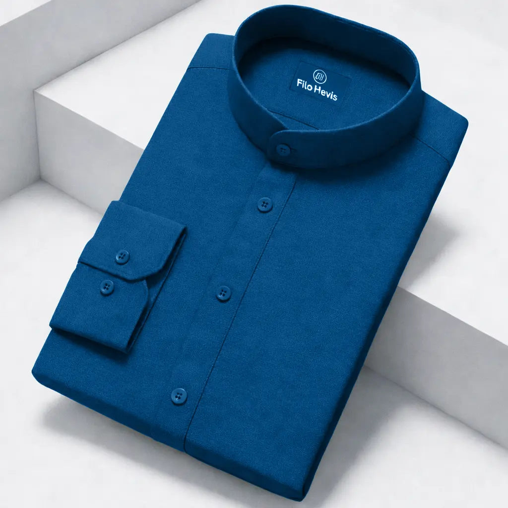 MEN’S CHINESE COLLAR SHIRT | FULL SLEEVE COTTON LINEN T-NECK SHIRT | TEAL BLUE COLOR My Store