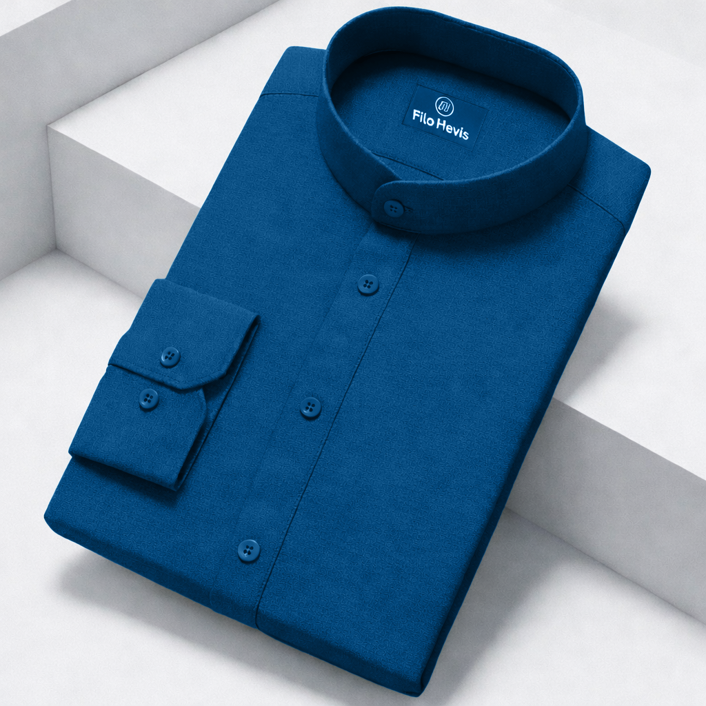 Men's Full-Sleeve Mandarin Collar Regular Fit Cotton Lenin Shirt-Teal Blue