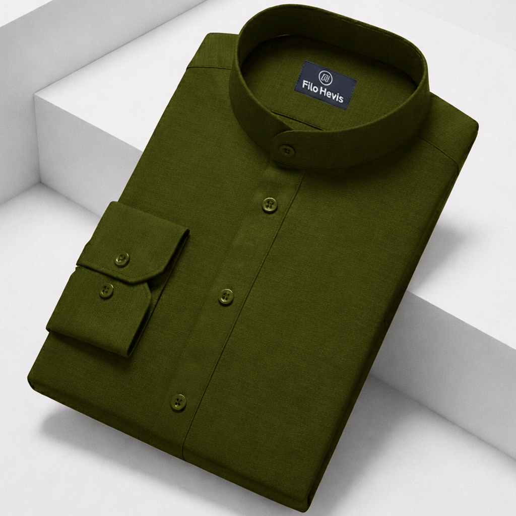 MEN’S CHINESE COLLAR SHIRT | FULL SLEEVE COTTON LINEN T-NECK SHIRT | MEHANDI GREEN COLOR