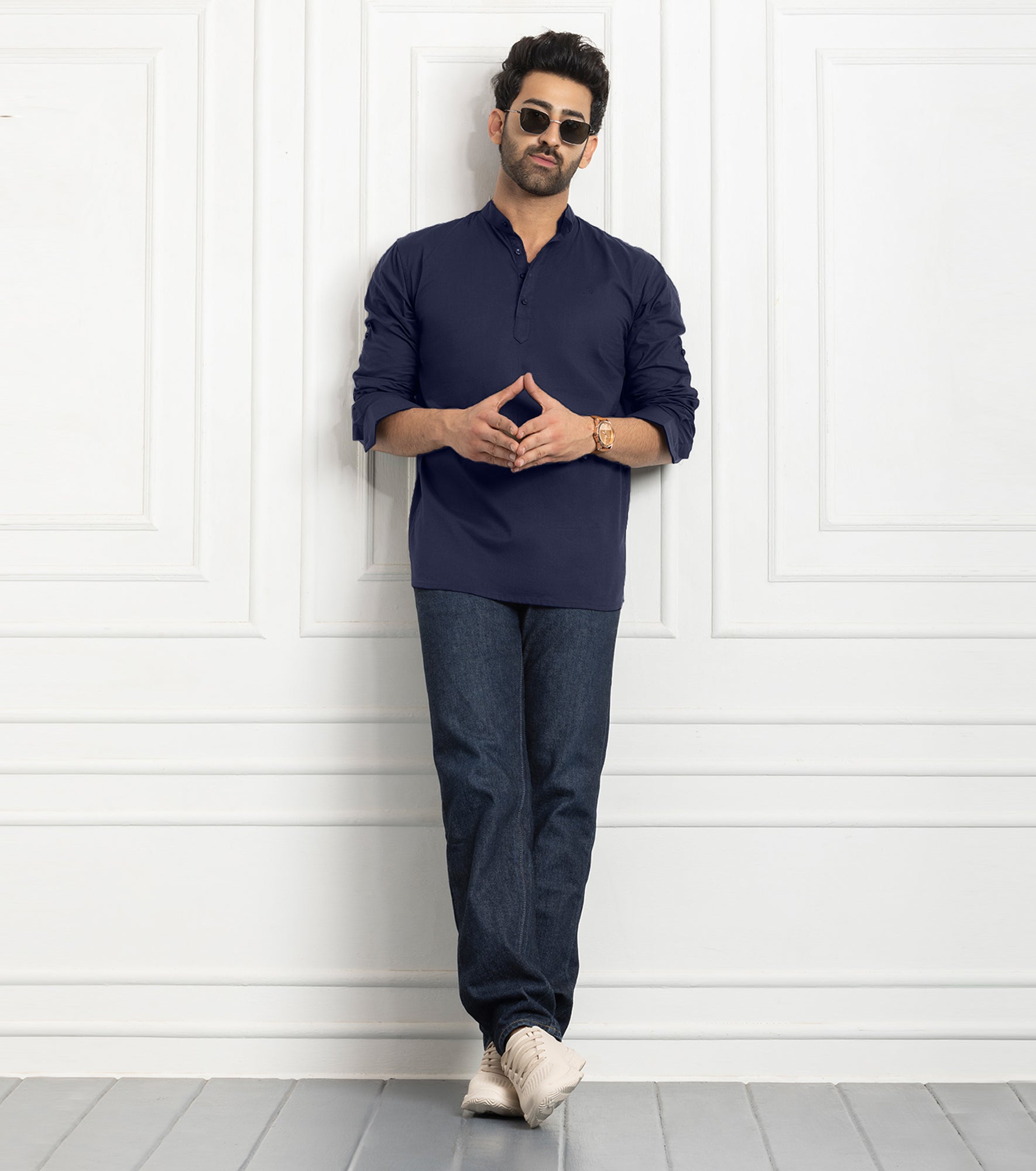 Cotton Mandarin Collar Short Kurta- Navy Blue
