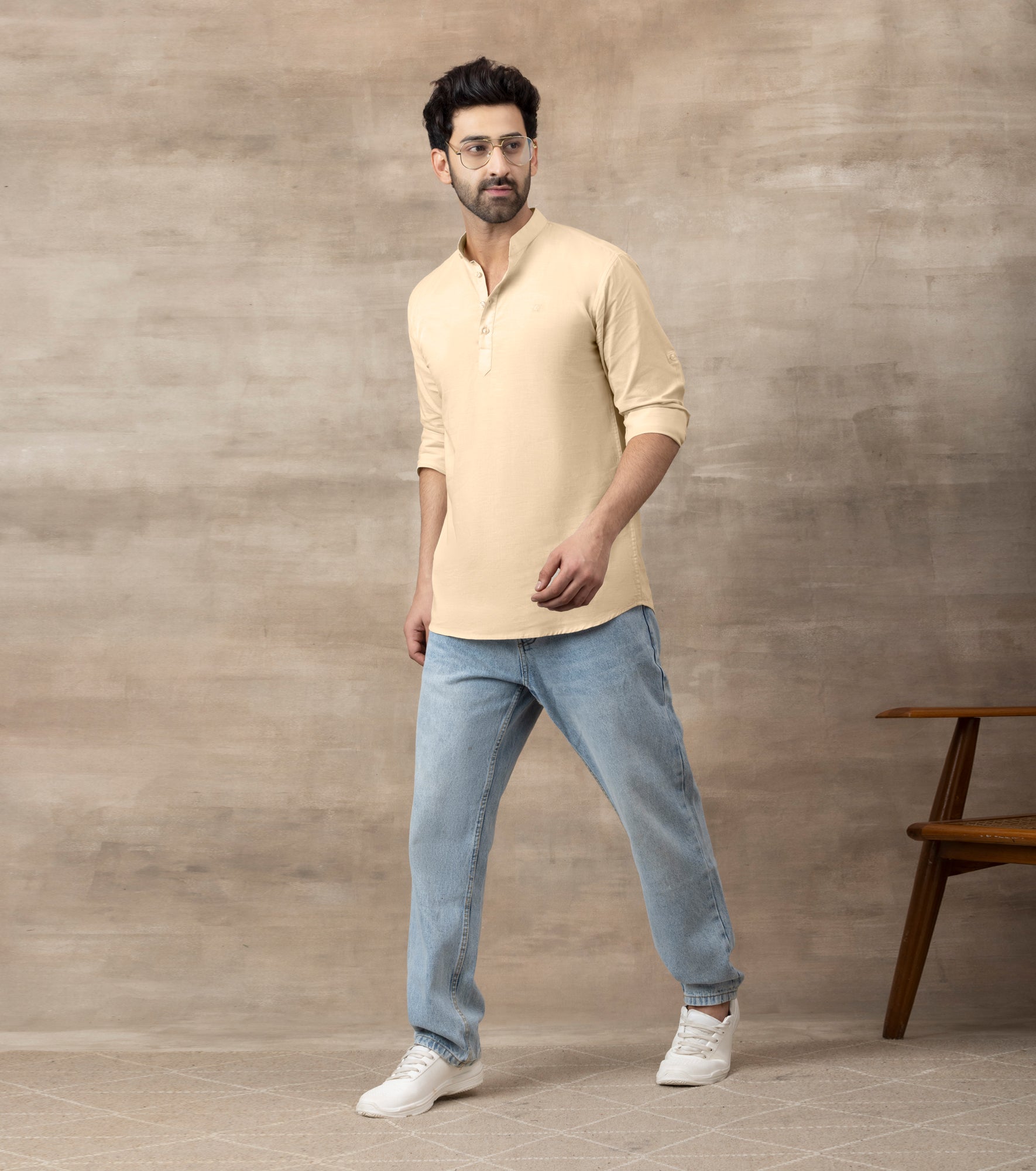 Cotton Chinese Collar Short Kurta for Men | Traditional Nehru Ethnic Shirts | Daily Wear-Cream