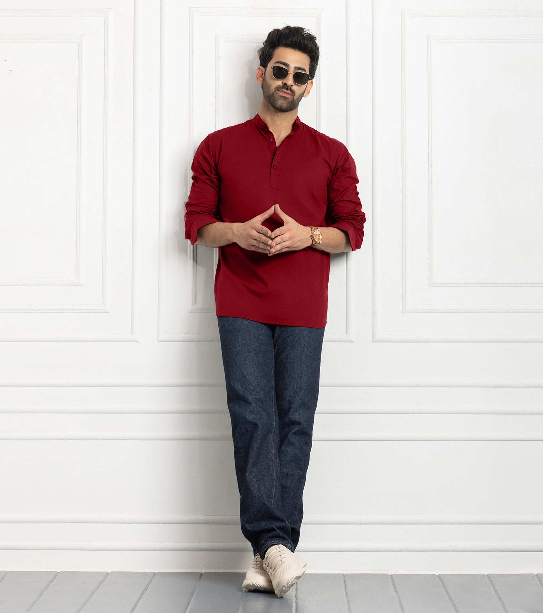 Cotton Chinese Collar Short Kurta for Men | Traditional Nehru Ethnic Shirts | Daily Wear-Red
