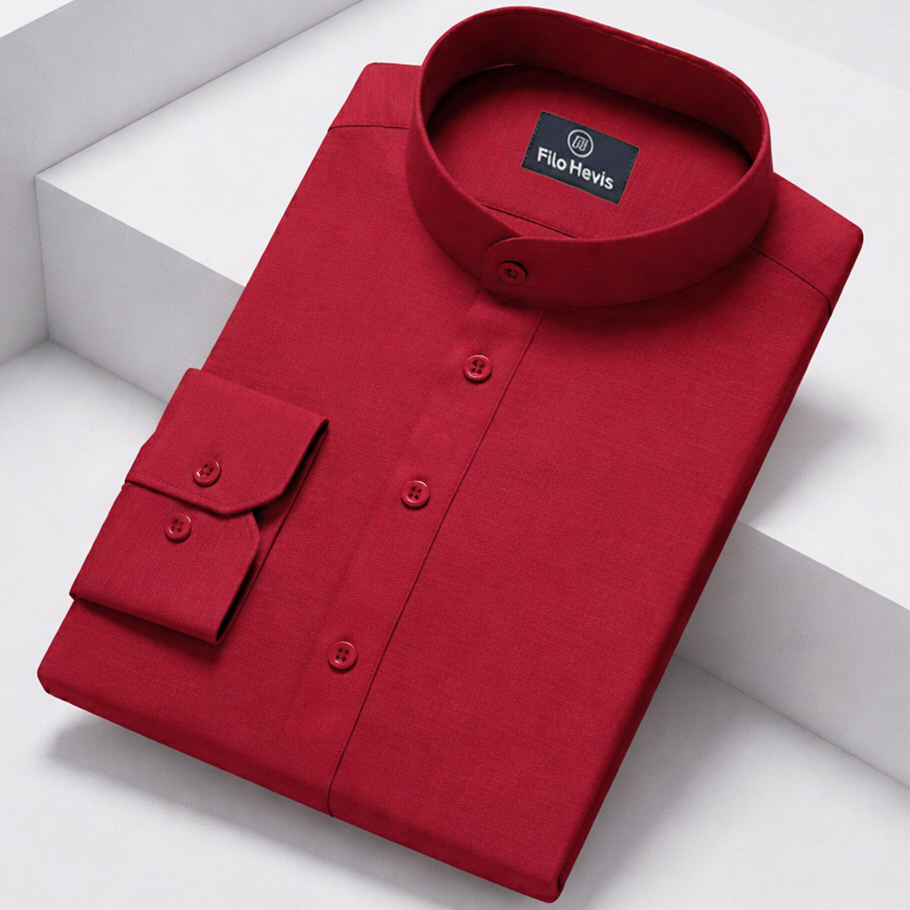 MENโS CHINESE COLLAR SHIRT | FULL SLEEVE COTTON LINEN T-NECK SHIRT | RED COLOR Filo Hevis