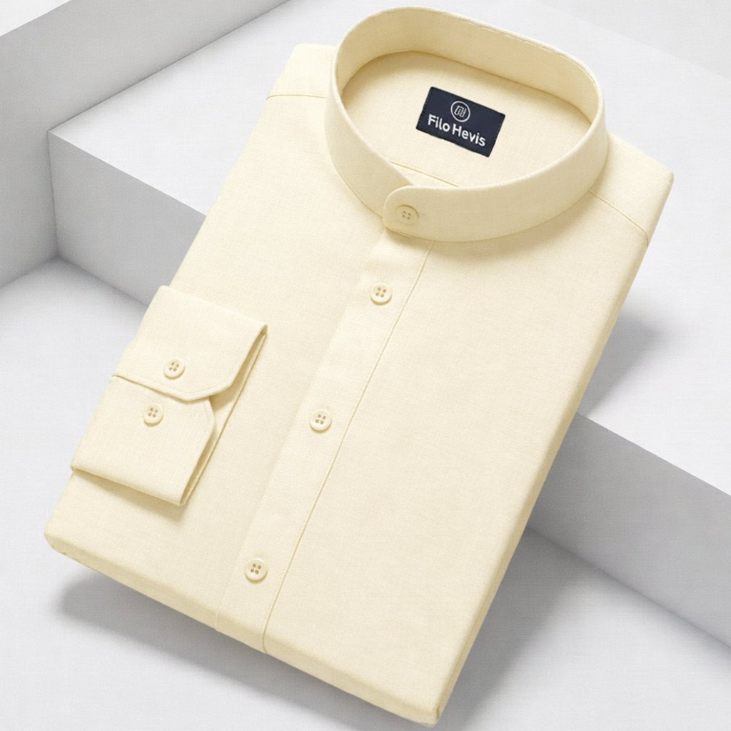 MEN’S CHINESE COLLAR SHIRT | FULL SLEEVE COTTON LINEN T-NECK SHIRT | BEIGE COLOR