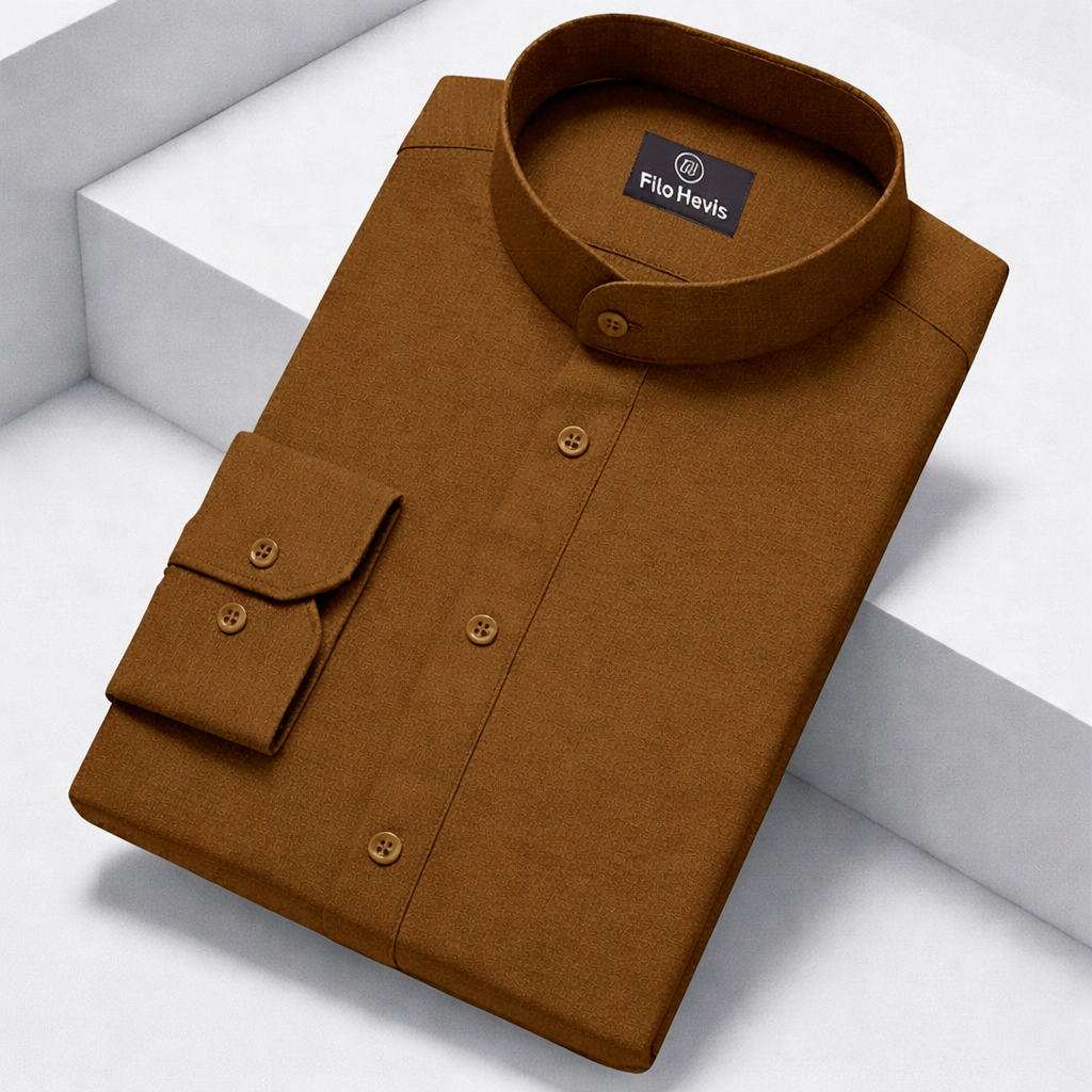 MEN’S CHINESE COLLAR SHIRT | FULL SLEEVE COTTON LINEN T-NECK SHIRT | Brown COLOR