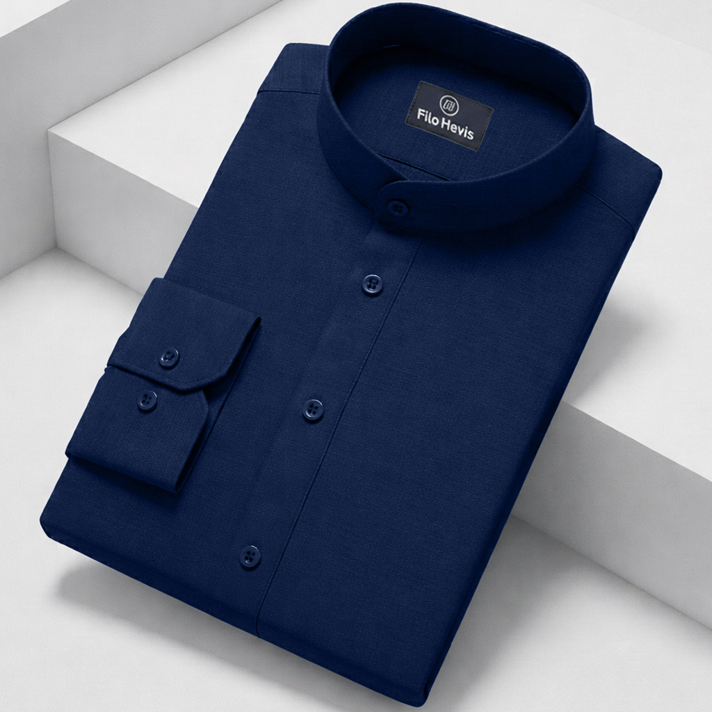 MEN’S CHINESE COLLAR SHIRT | FULL SLEEVE COTTON LINEN T-NECK SHIRT | NAVY BLUE COLOR
