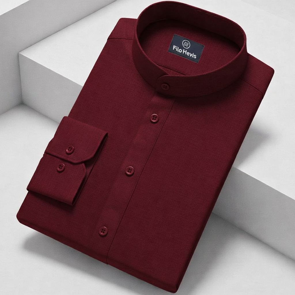 MENโS CHINESE COLLAR SHIRT | FULL SLEEVE COTTON LINEN T-NECK SHIRT | DARK MAROON COLOR Filo Hevis