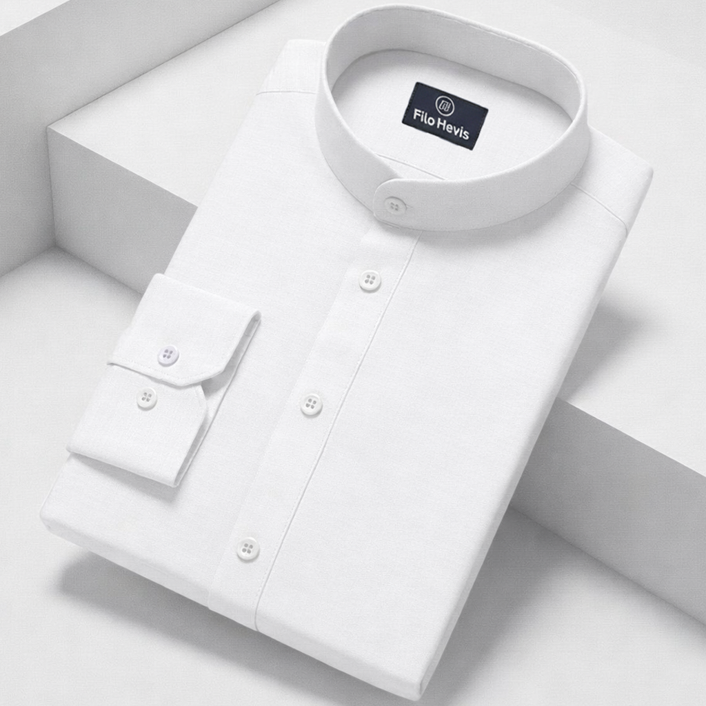 MEN’S CHINESE COLLAR SHIRT | FULL SLEEVE COTTON LINEN T-NECK SHIRT | WHITE COLOR Filo Hevis