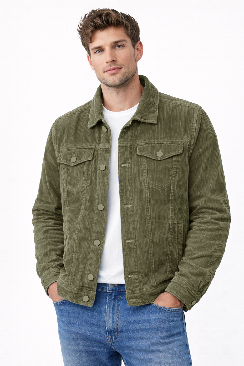 Men’s Olive Green Corduroy Trucker Jacket