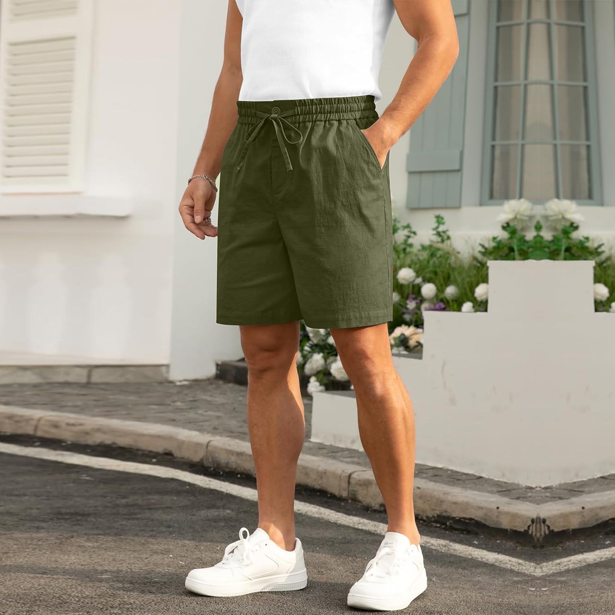 Mens Cotton Linen Shorts Casual Drawstring 8.5 inch Inseam Shorts Stretch Summer-Olive Green