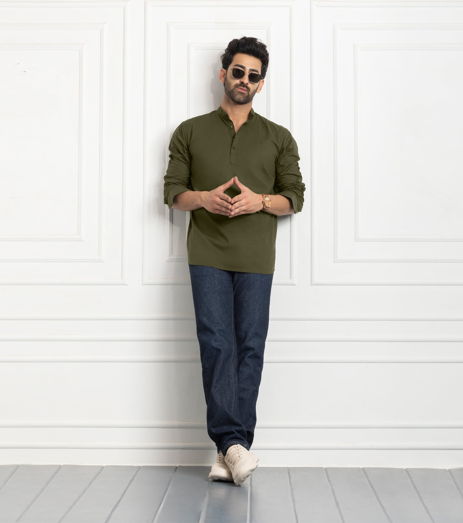 Cotton Chinese Collar Short Kurta for Men | Traditional Nehru Ethnic Shirts | Daily Wear-Olive Green