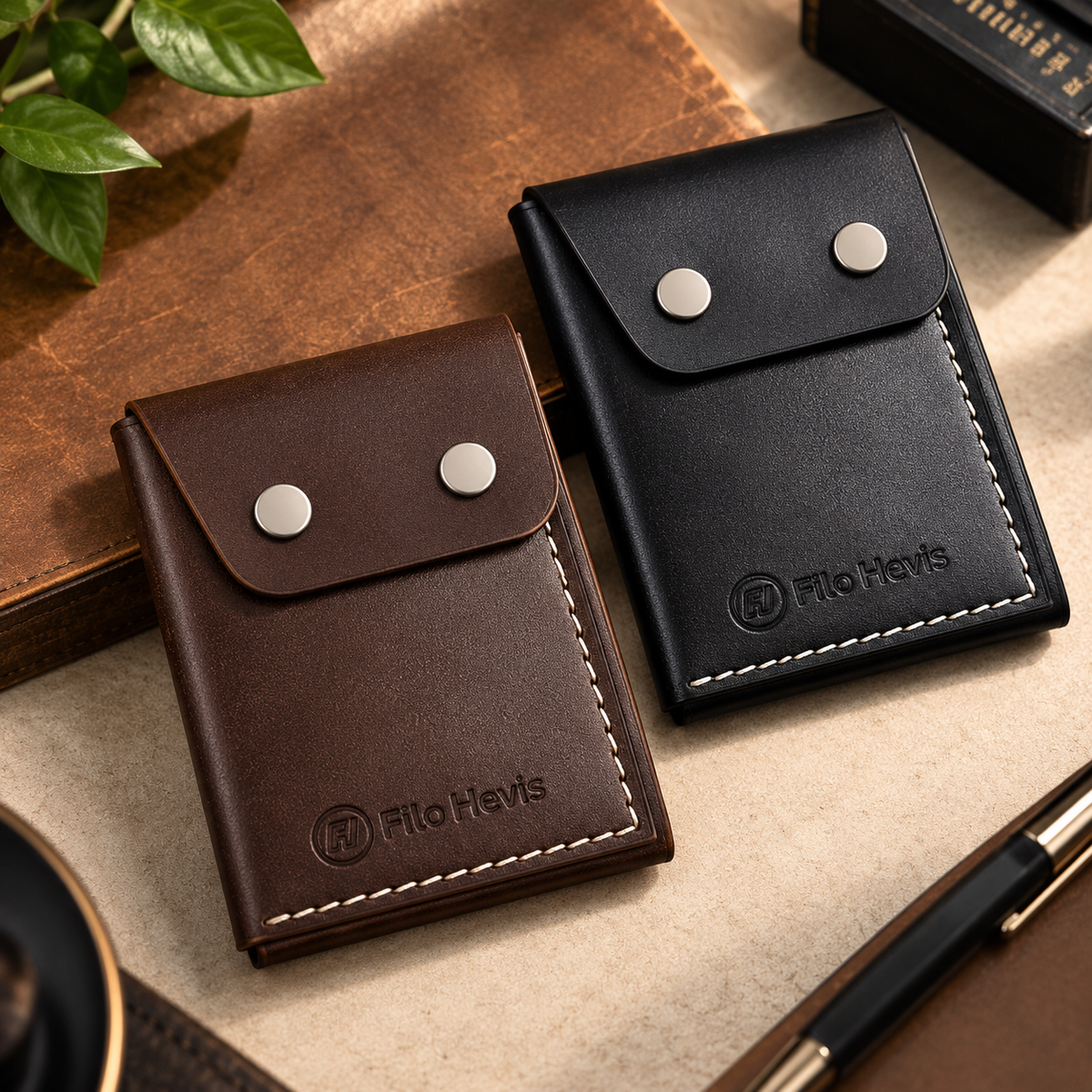 Leather Snap Button Wallet for Men – Compact Card Holder with Cash Pocket- Tan