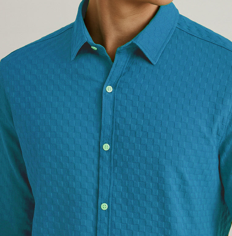 Men's Casual Checks Textured Popcorn Shirts- Sky Blue