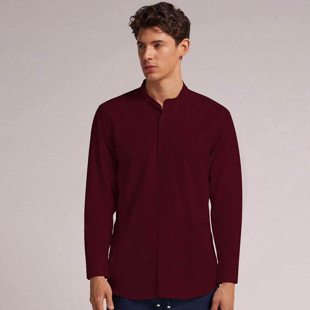 MEN’S CHINESE COLLAR SHIRT | FULL SLEEVE COTTON LINEN T-NECK SHIRT | MAROON COLOR