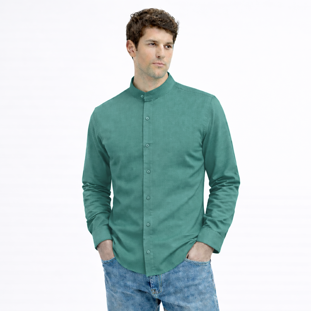 MEN’S CHINESE COLLAR SHIRT | FULL SLEEVE COTTON LINEN T-NECK SHIRT | Turquoise green COLOR