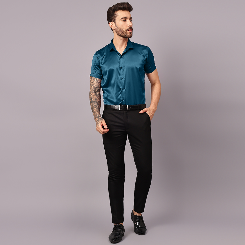 Men’s Satin Half Sleeve Formal Shirt – Premium Soft & Shiny Finish-Teal-Blue