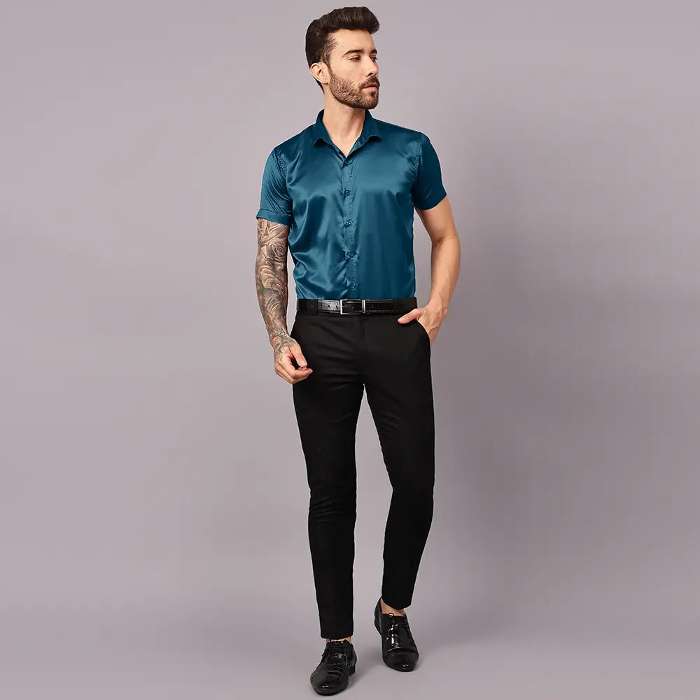 Men’s Satin Half Sleeve Formal Shirt – Premium Soft & Shiny Finish-Teal-Blue My Store