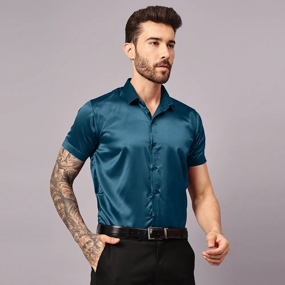 Men’s Satin Half Sleeve Formal Shirt – Premium Soft & Shiny Finish-Teal-Blue My Store