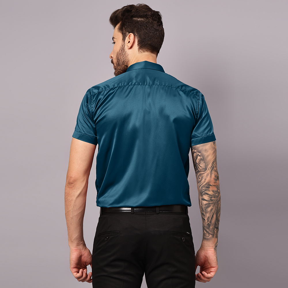 Men’s Satin Half Sleeve Formal Shirt – Premium Soft & Shiny Finish-Teal-Blue