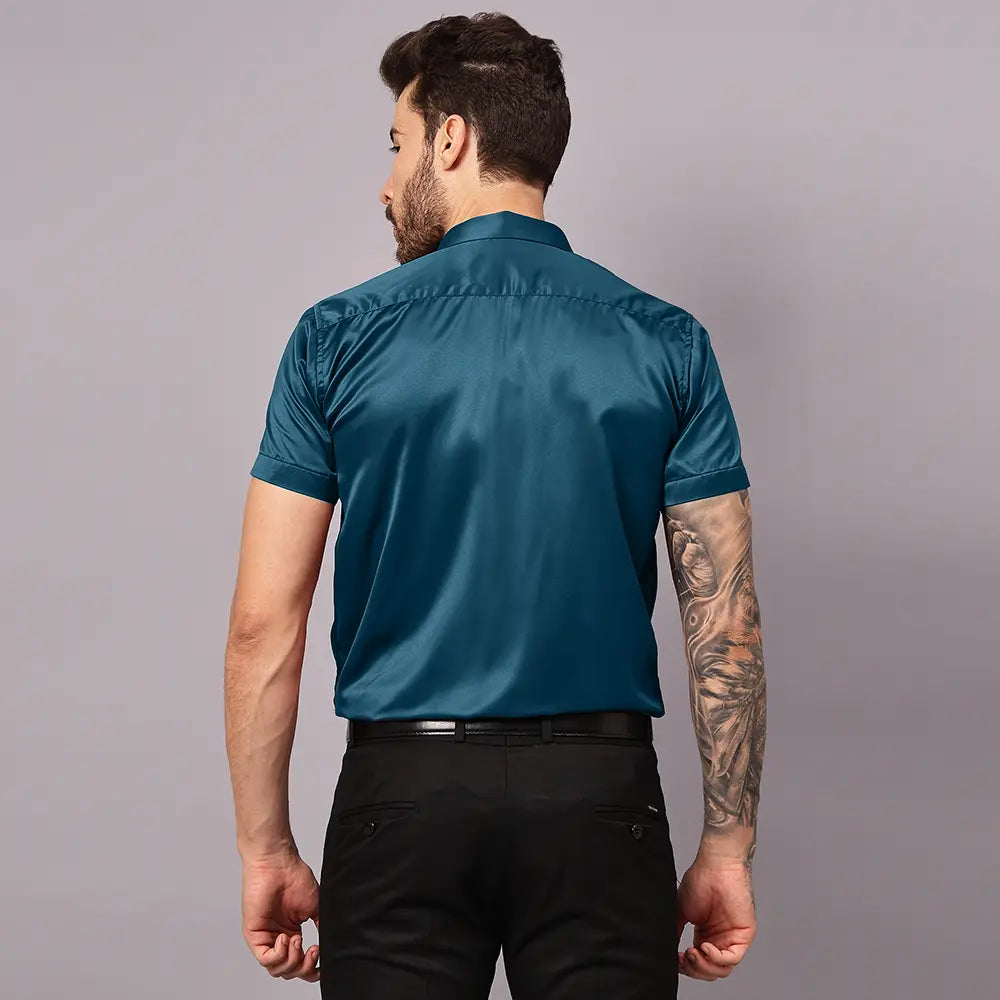 Men’s Satin Half Sleeve Formal Shirt – Premium Soft & Shiny Finish-Teal-Blue My Store