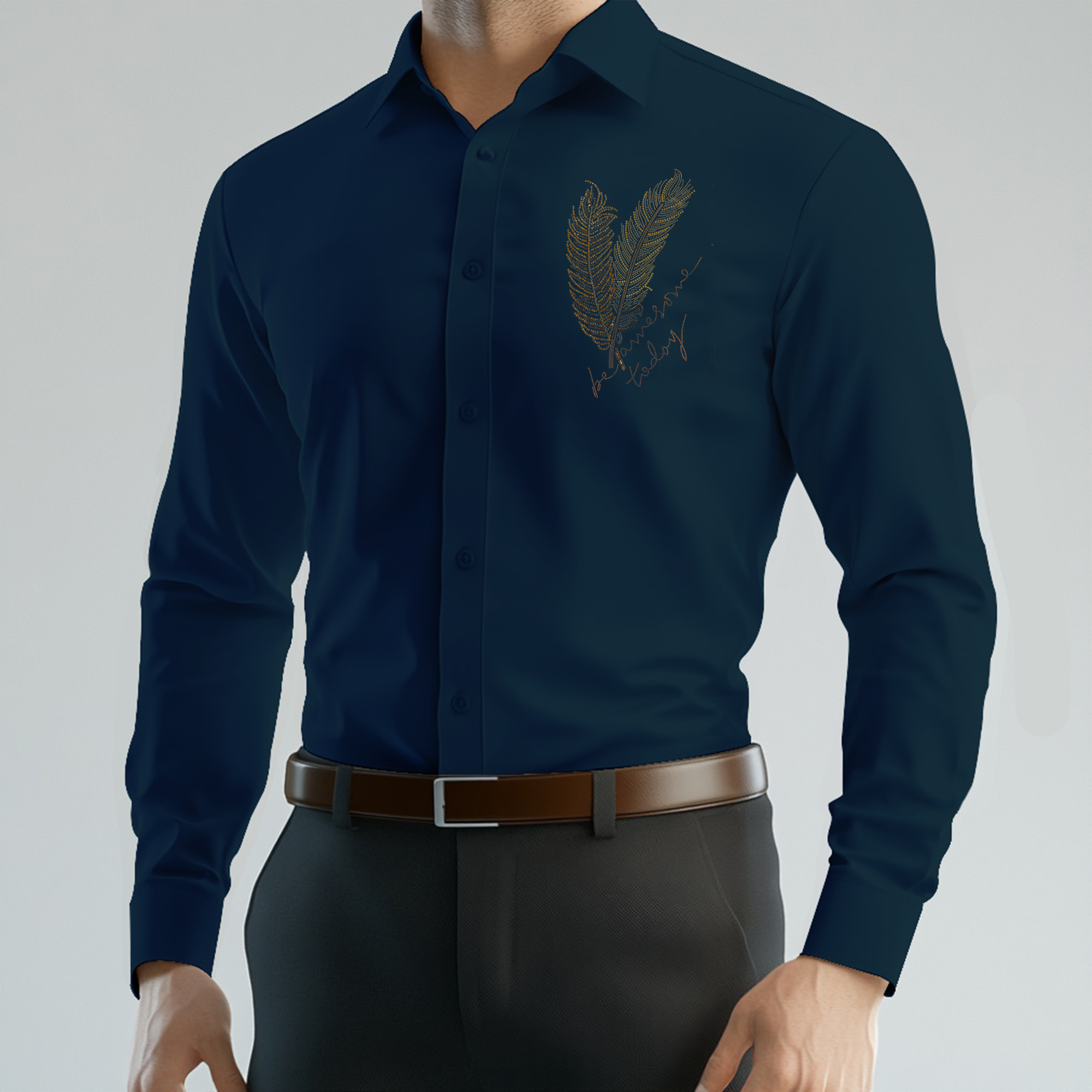 PARTY SHIRTS FOR MEN | PREMIUM SHIRTS | CLUB SHIRTS Feather Embroidery-Teal Blue