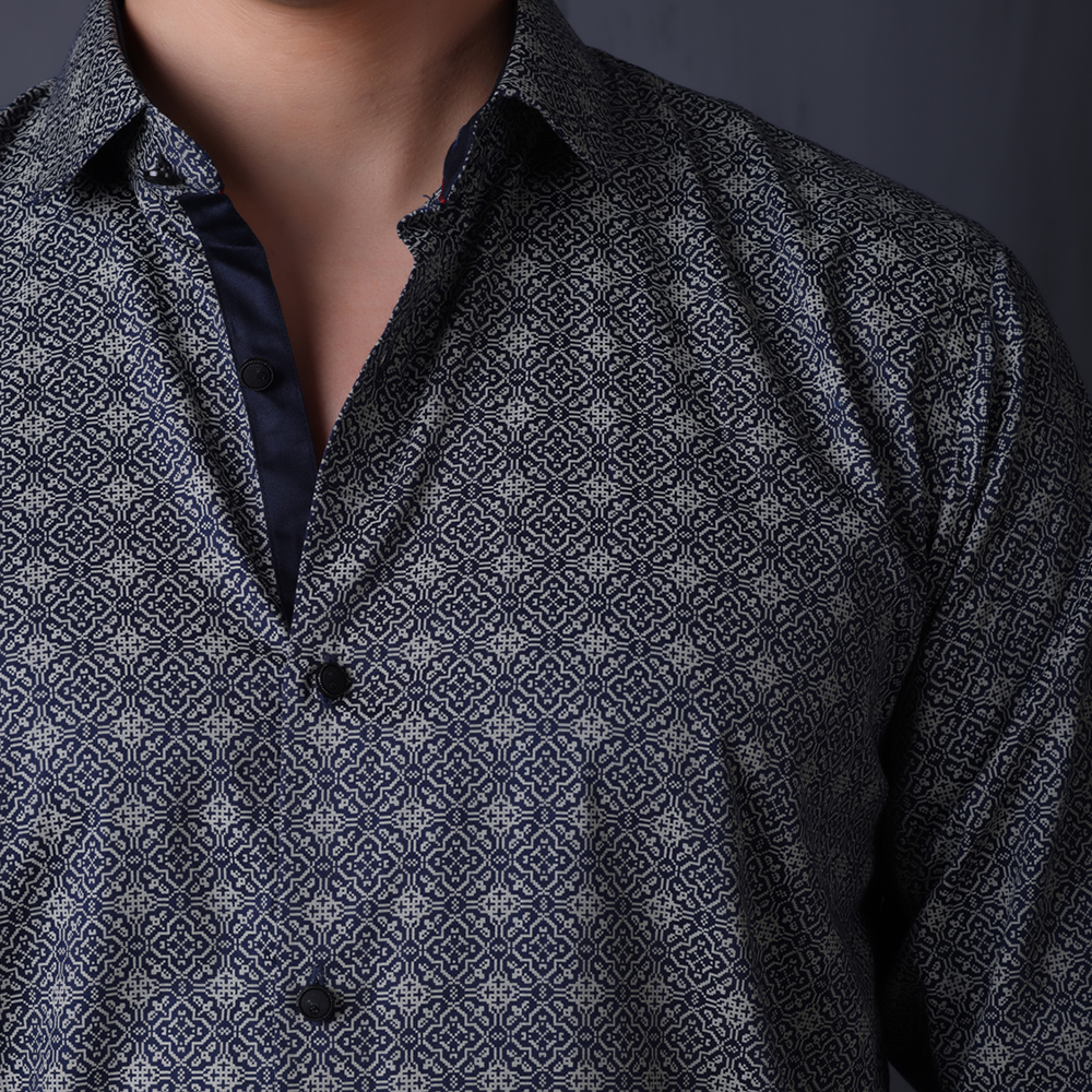 PRINTED SHIRTS | FORMAL & CASUAL SHIRTS FOR MEN | FILO HEVIS GEOMETRIC PRINTS SHIRT COLLECTION-Navy