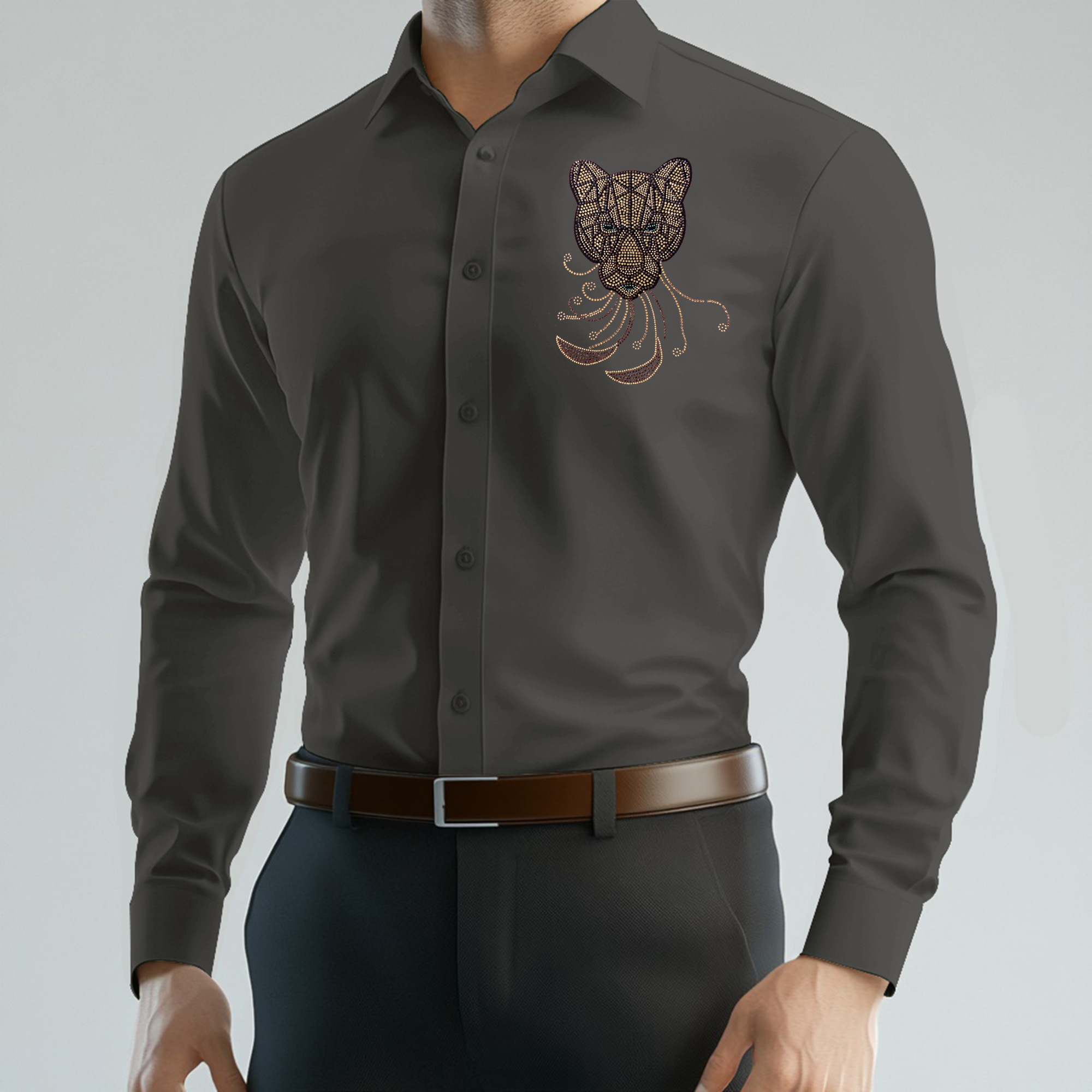 PARTY SHIRTS FOR MEN | PREMIUM SHIRTS | CLUB SHIRTS Tiger Embroidery-DARK GREY