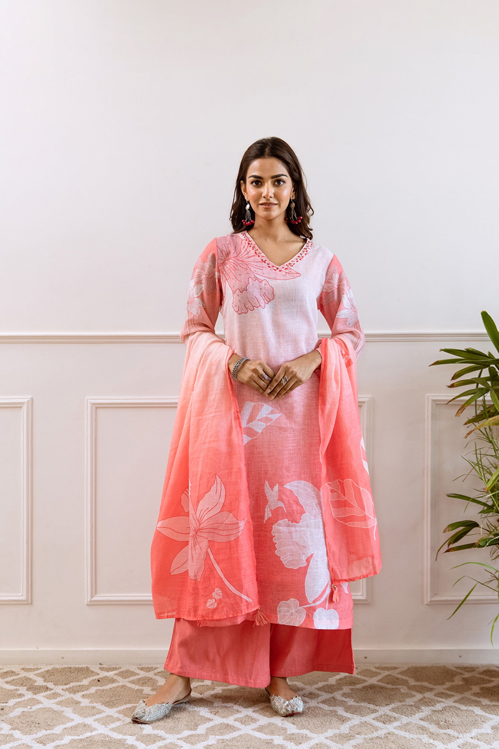 Floral Printed V-Neck Linen Straight Kurta Set with Dupatta- Light Pink