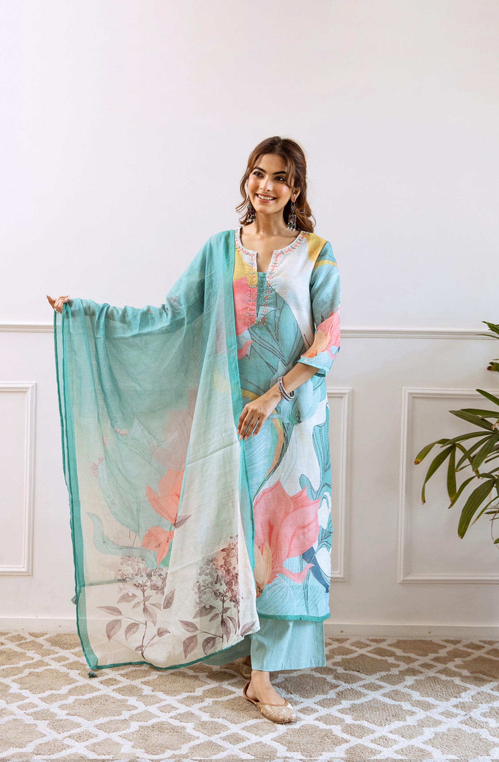 Floral Printed Notched Neck Linen Straight Kurta Set with Dupatta- Multicolor
