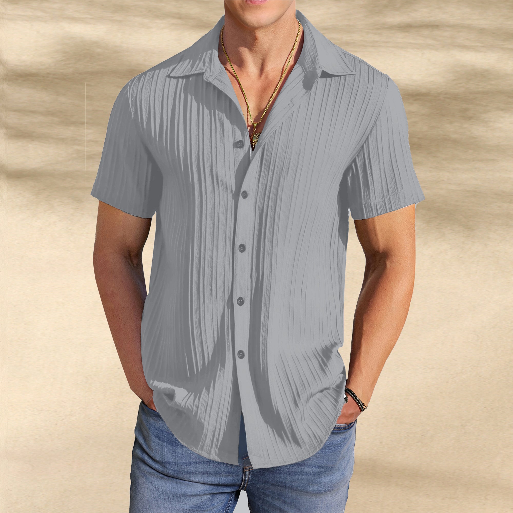 Men's Textured Popcorn Half Sleeve Casual Shirt – Light Grey