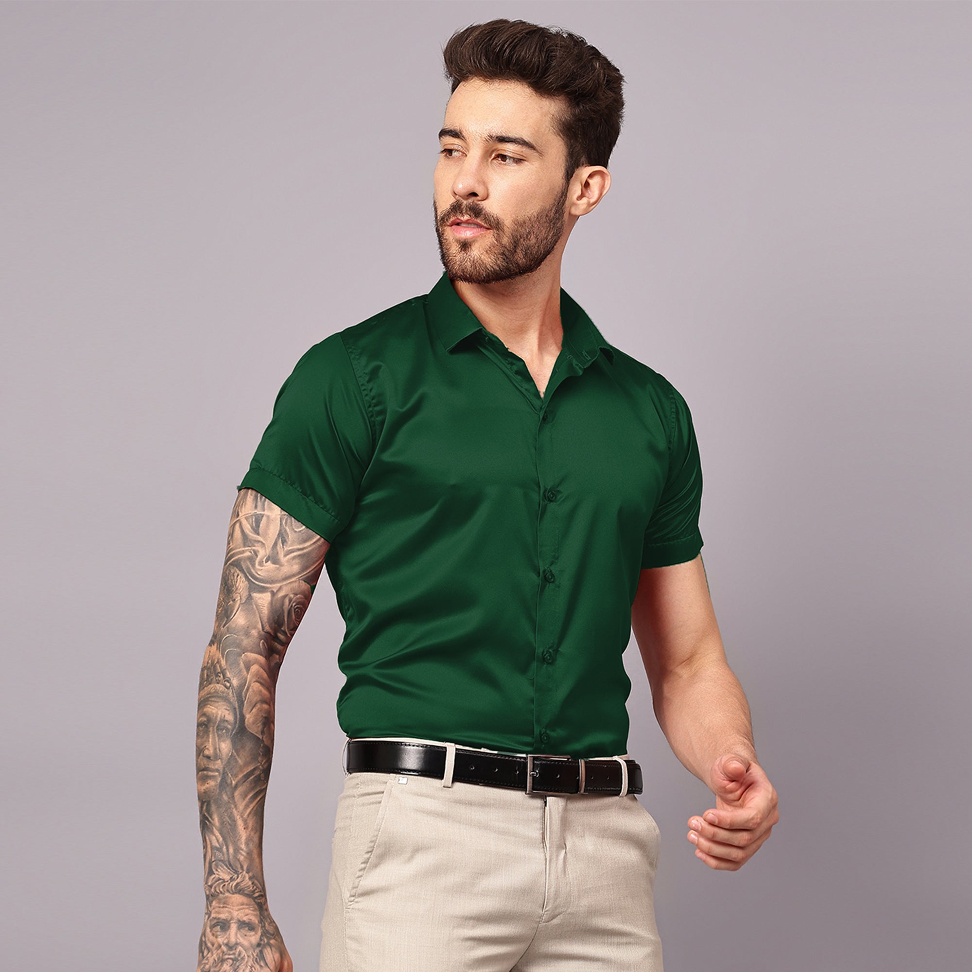 Satin Half Formal Shirt Bottle Green Color