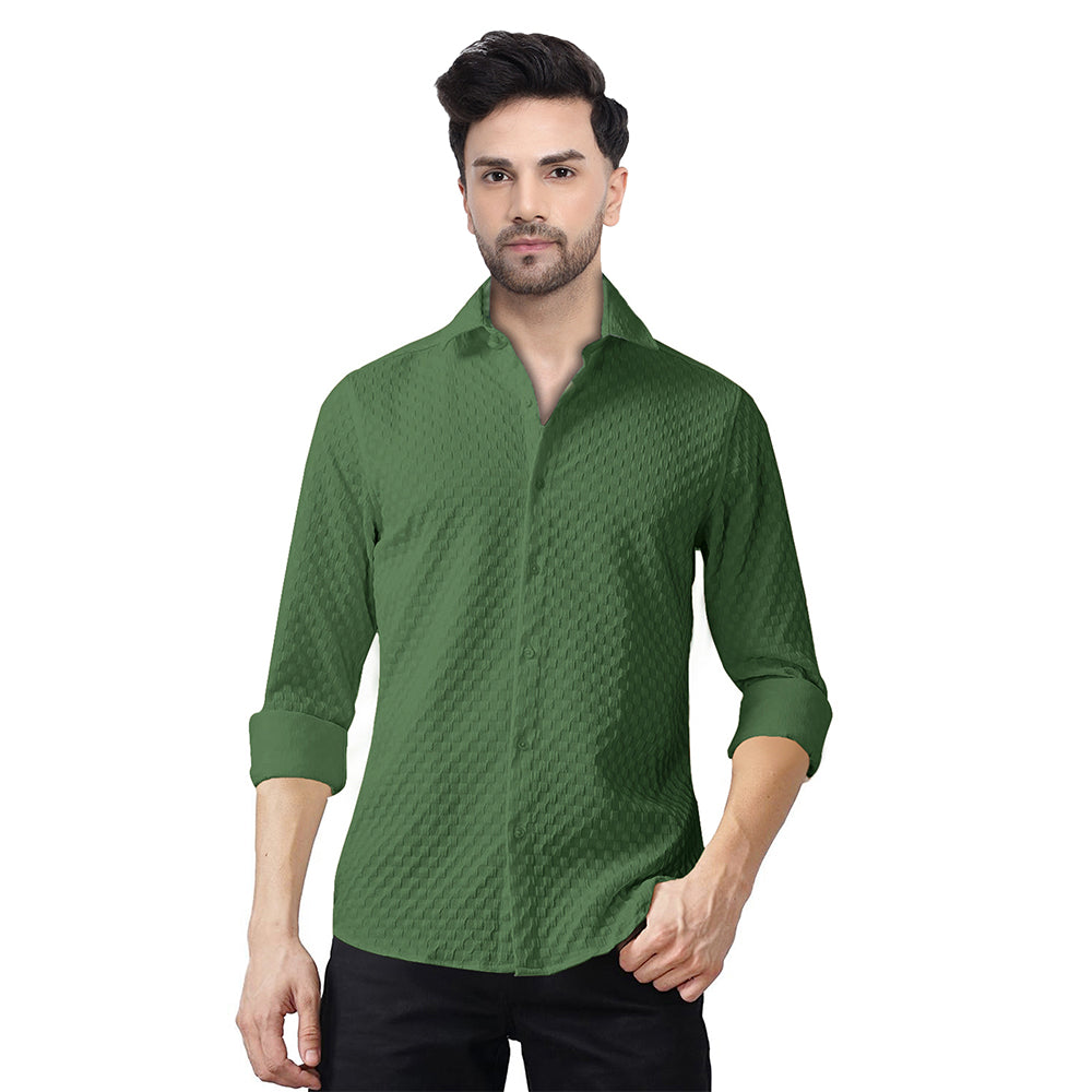 Man's Casual Checks Textured Popcorn Shirts- Green