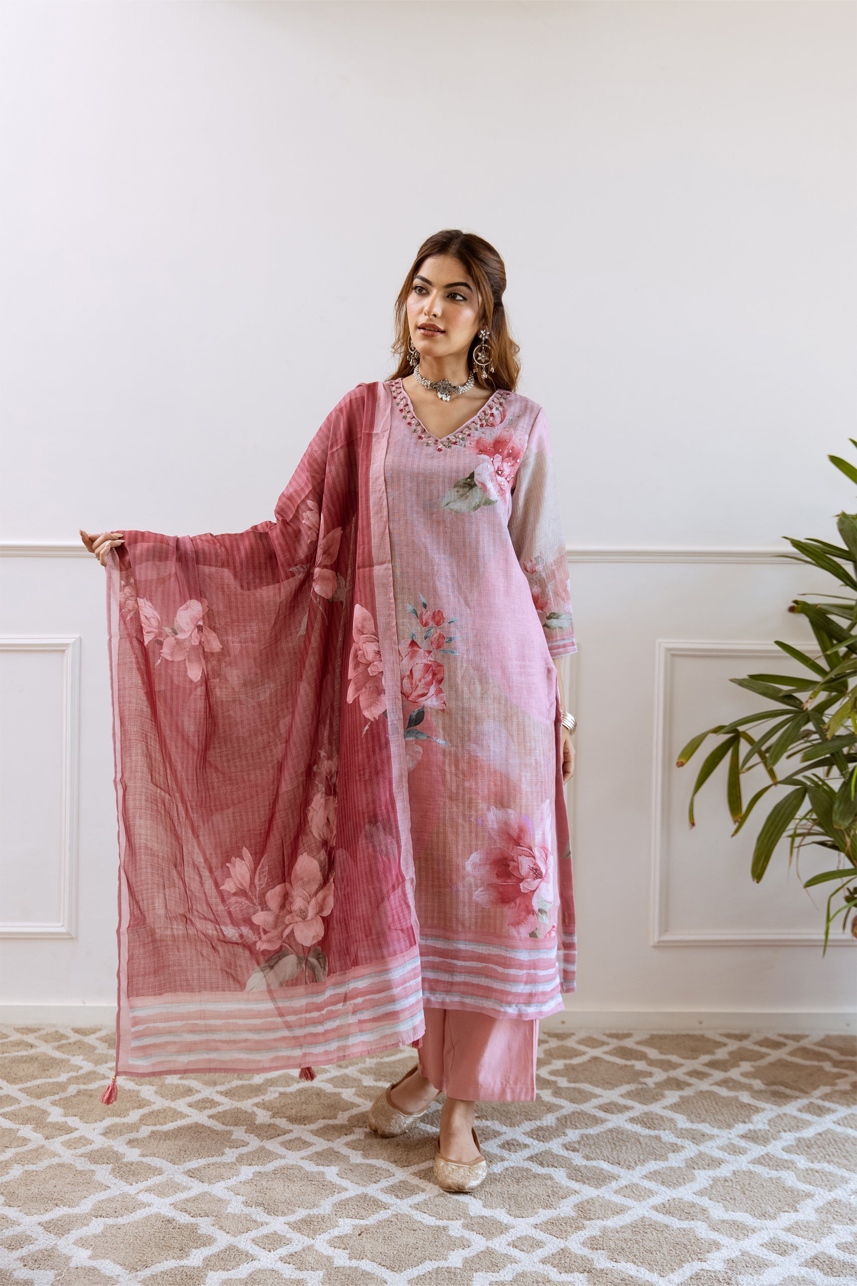 Floral Printed V-Neck Linen Straight Kurta Set with Dupatta- Rose Pink